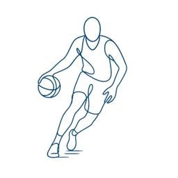 Minimal line drawing of a person about to dribble a basketball