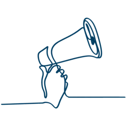 Continuous line art of a megaphone held by a hand